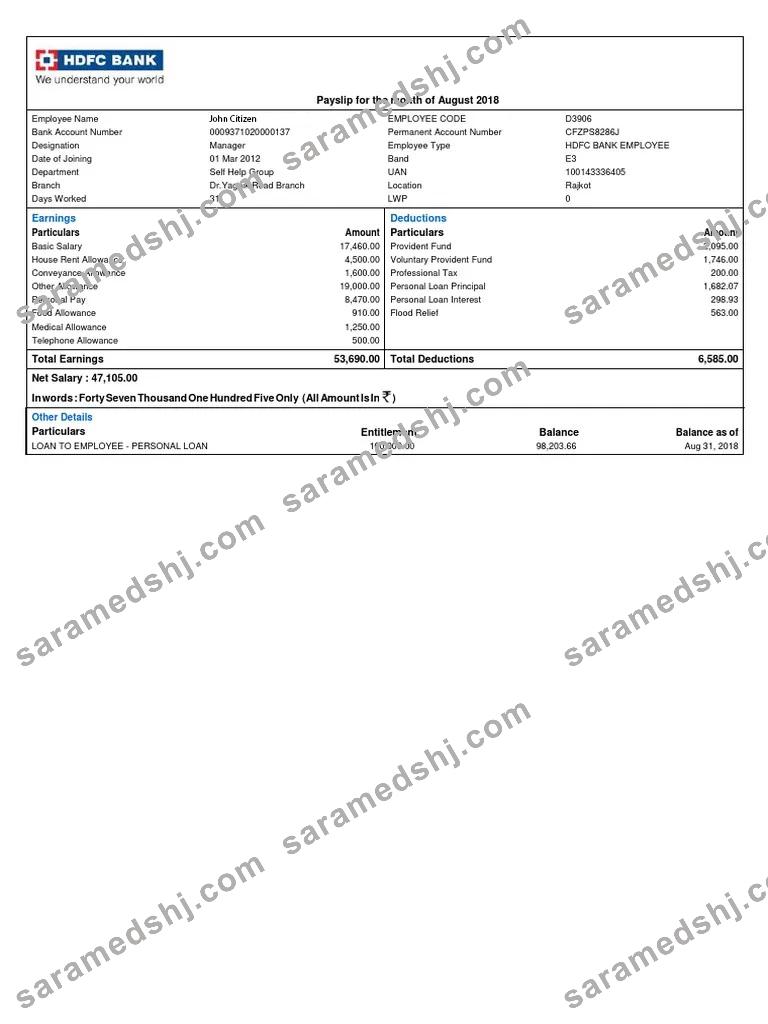INDIA HDFC bank payslip template in Word and PDF formats